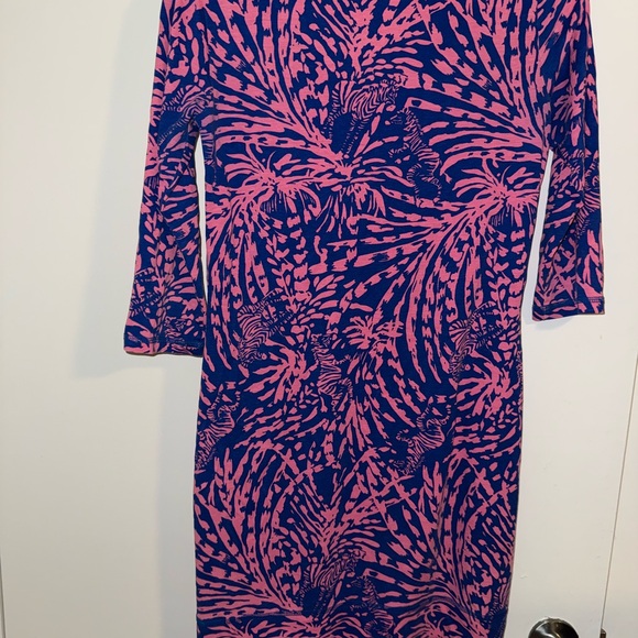 Lilly Pulitzer 100% Pima Cotton Palmetto Blue and Pink Long Sleeve Dress - Picture 4 of 9